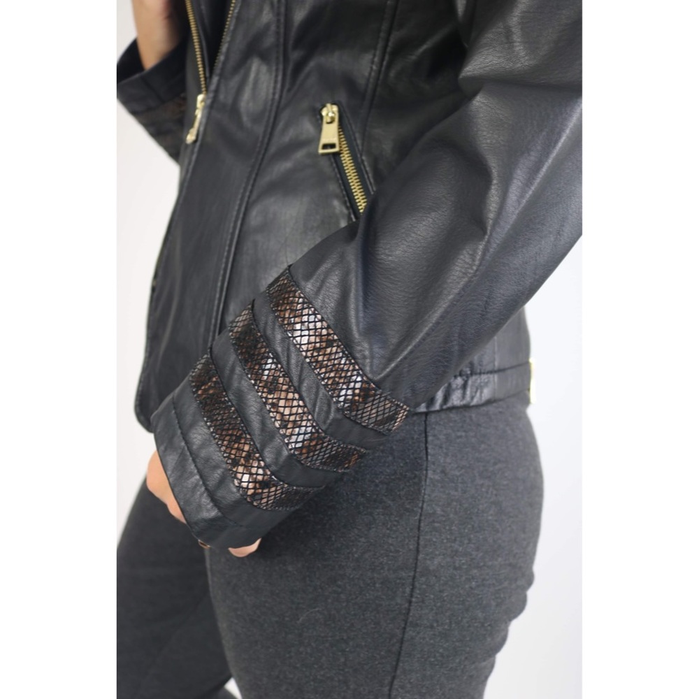 Black Leather Jacket with Purple Snake Trim - Picture 3 of 4